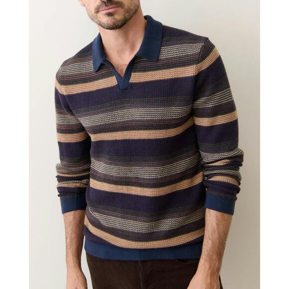 Marine Layer Liam Warm Multi Stripe Sweater Polo XL NEW Navy Brown Long Sleeve